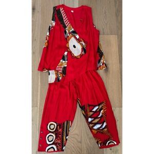 Women's 2 Piece Cotton Set Sleeveless Top Cropped Pants Red Indonesia Large